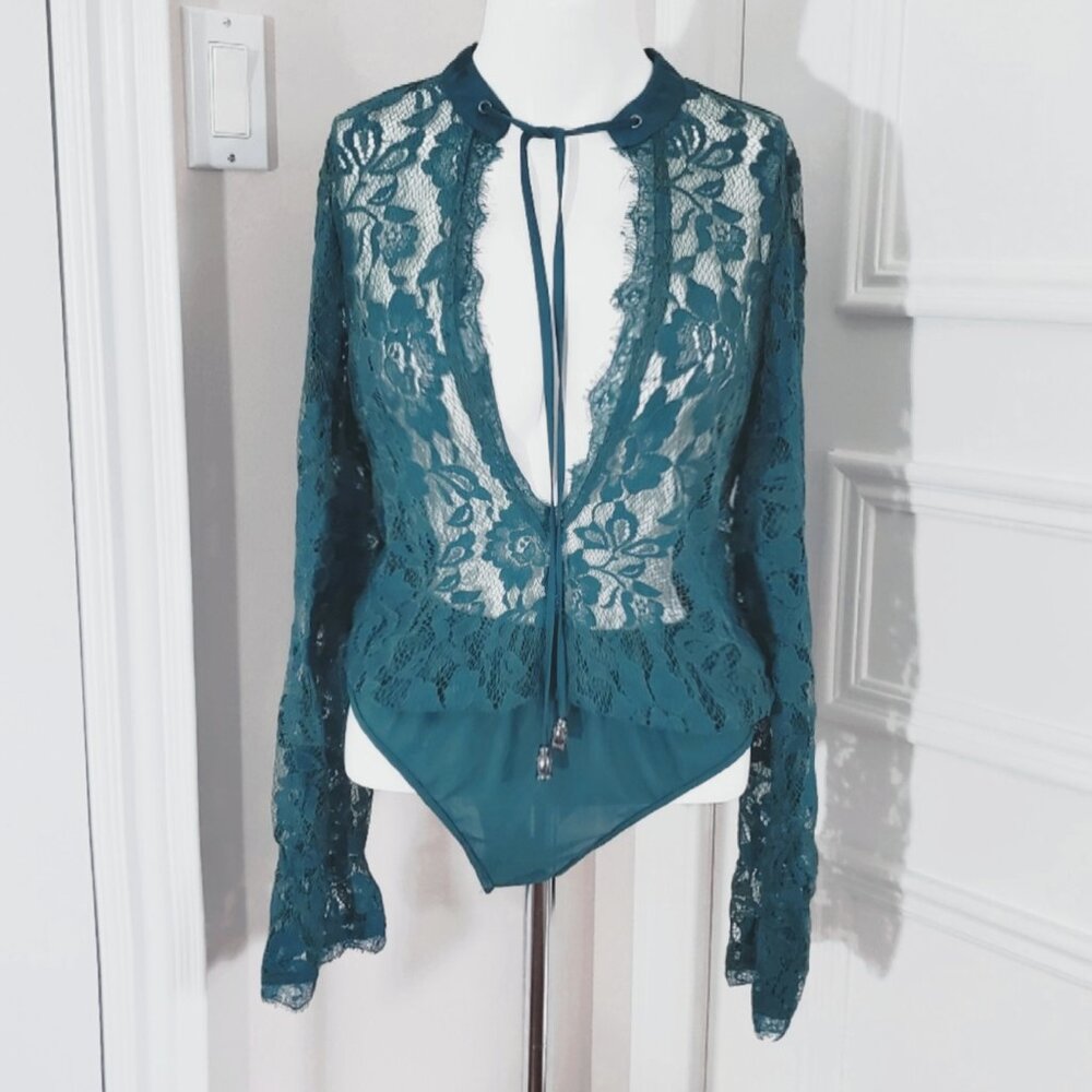 Teal Deep V Lace Bell Sleeved Lulumari Bodysuit - Picture 8 of 8